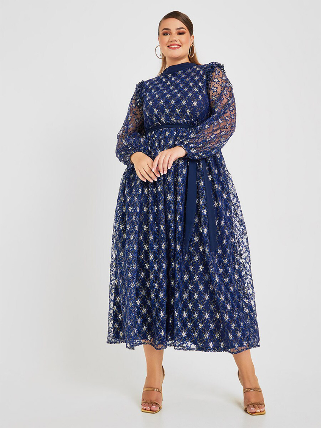 

Styli Plus Floral Embroidered Lace Detail Midi Dress, Navy blue
