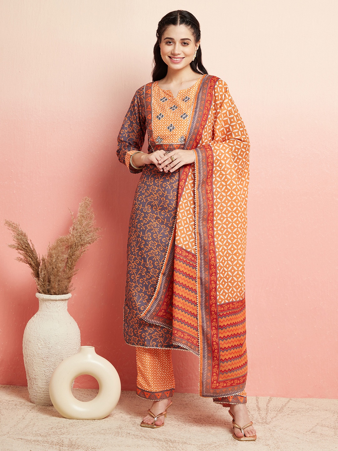 

AKS Floral Printed Gotta Patti Detailed Kurta & Trousers With Dupatta, Orange