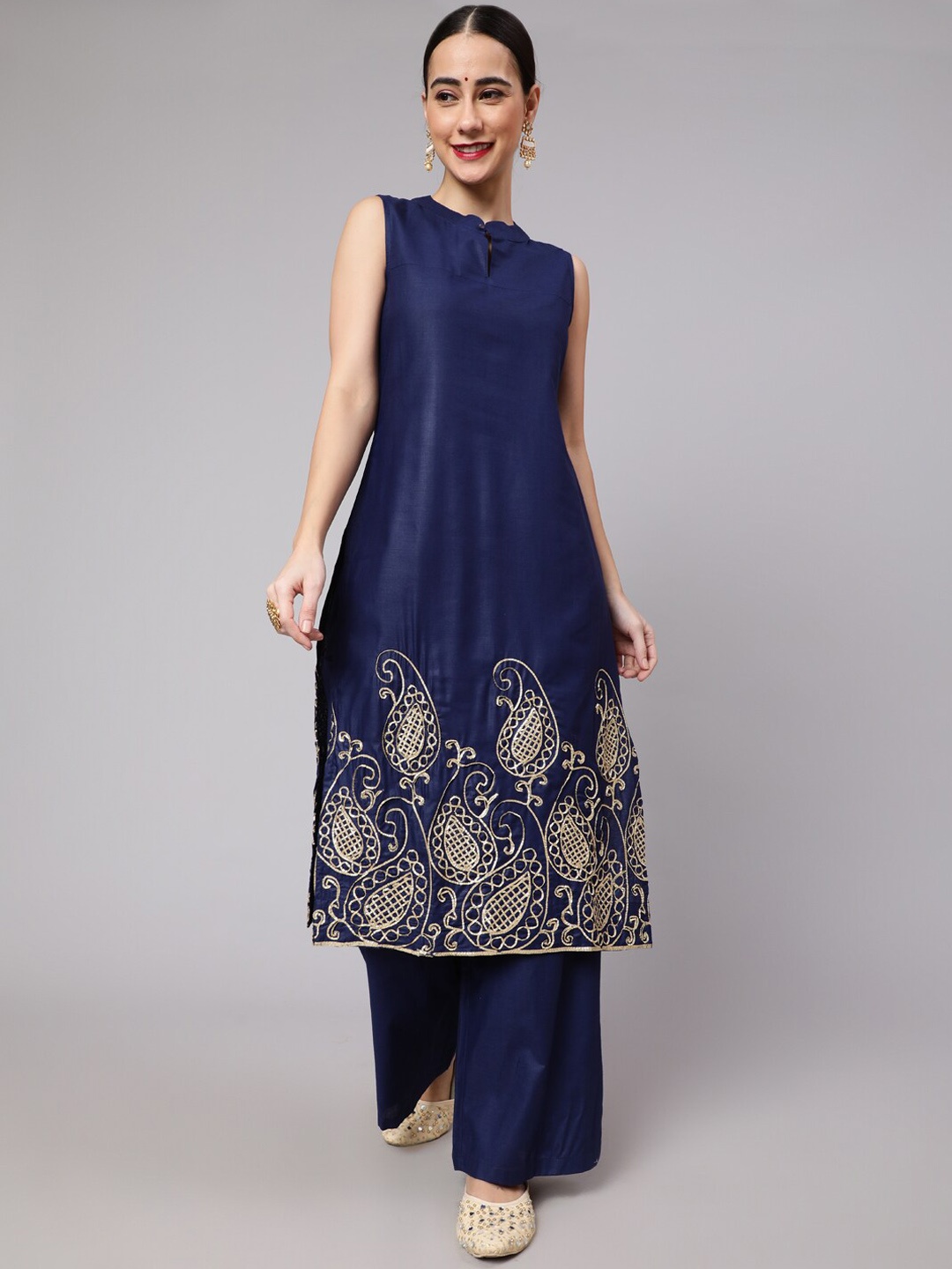 

AKS Paisley Embroidered Band Collar Kurta with Palazzos, Navy blue
