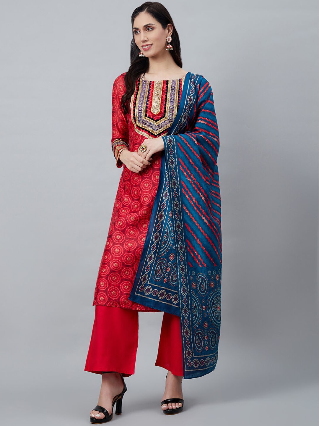 

AKS Ethnic Motifs Printed Thread Work Chanderi Silk Kurta & Palazzos With Dupatta, Red