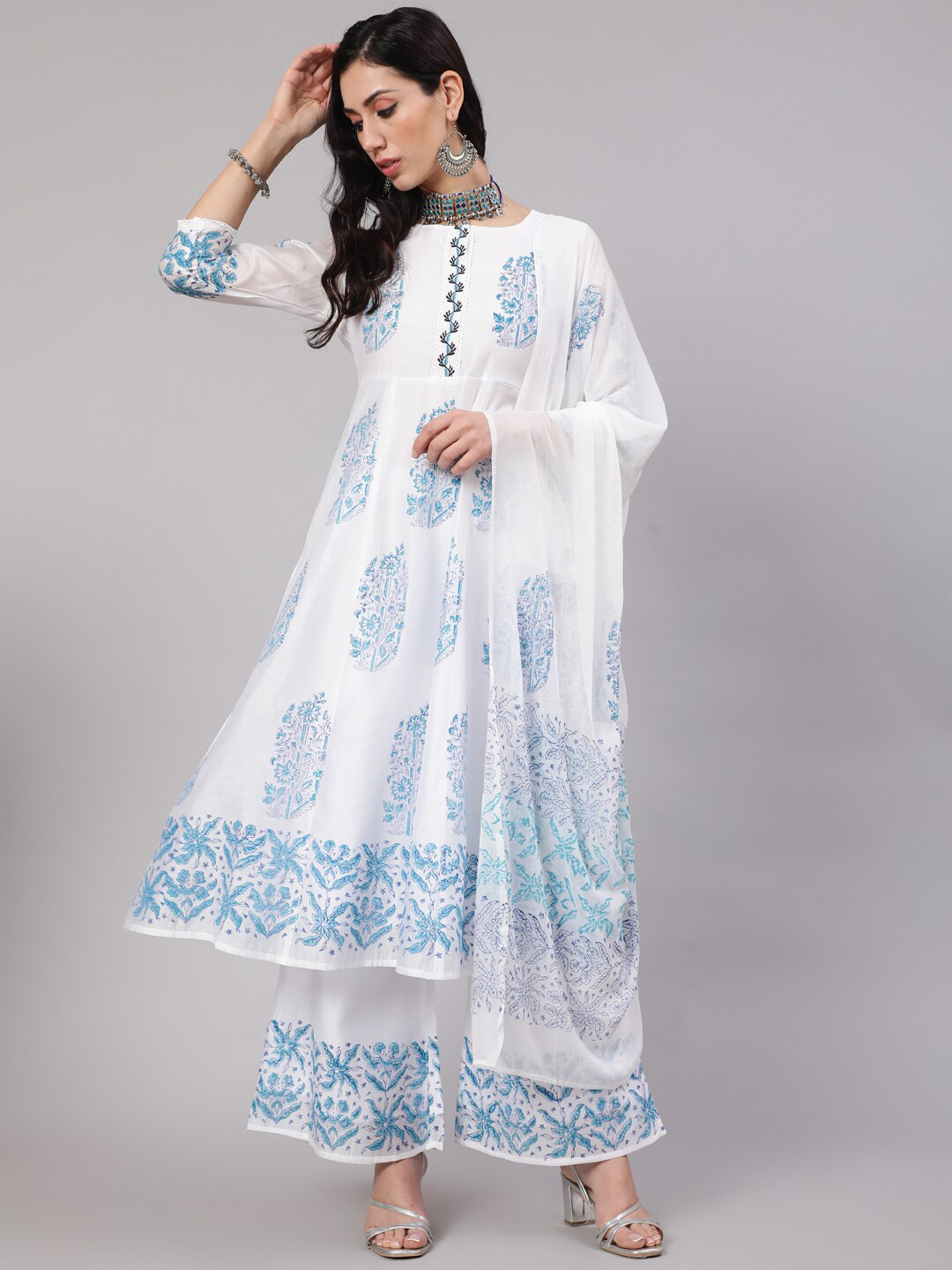 

AKS Ethnic Motifs Printed Chanderi Silk Kurta & Palazzos With Dupatta, White