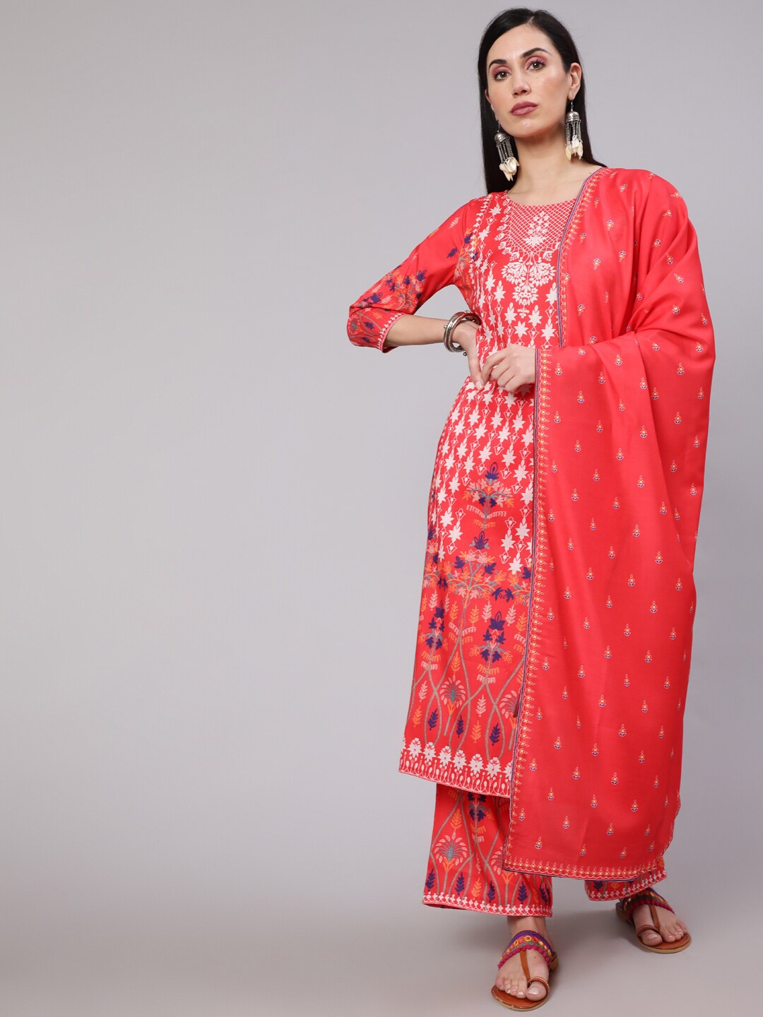 

AKS Floral Printed Kurta & Palazzos With Dupatta, Red