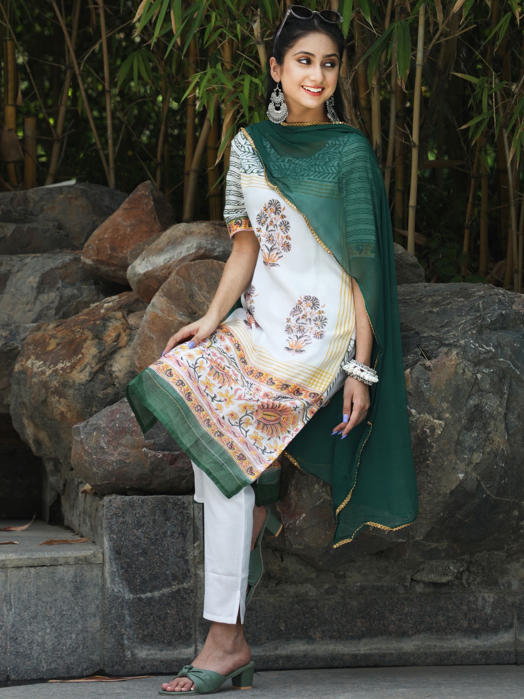 

AKS Ethnic Motifs Printed Chanderi Silk Kurta & Trousers With Dupatta, White