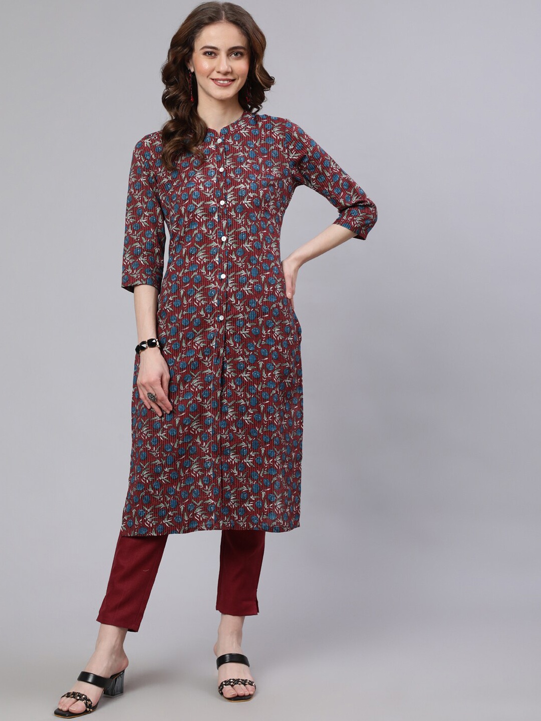 

AKS Floral Printed Mandarin Collar Pure Cotton Kurta with Trousers, Maroon