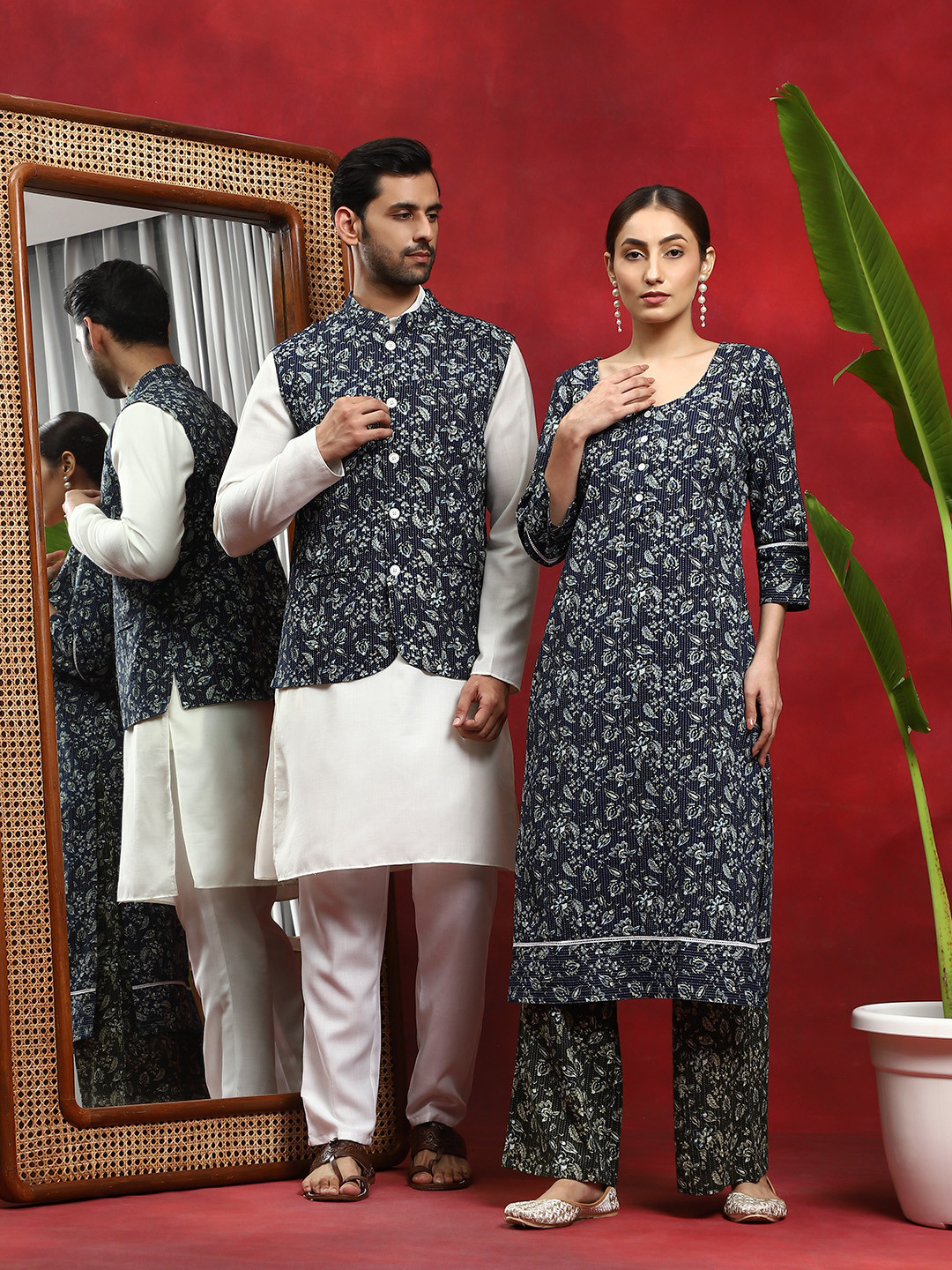 

AKS Floral Printed Round Neck Kantha Work Detailed Pure Cotton Kurta with Palazzos, Navy blue