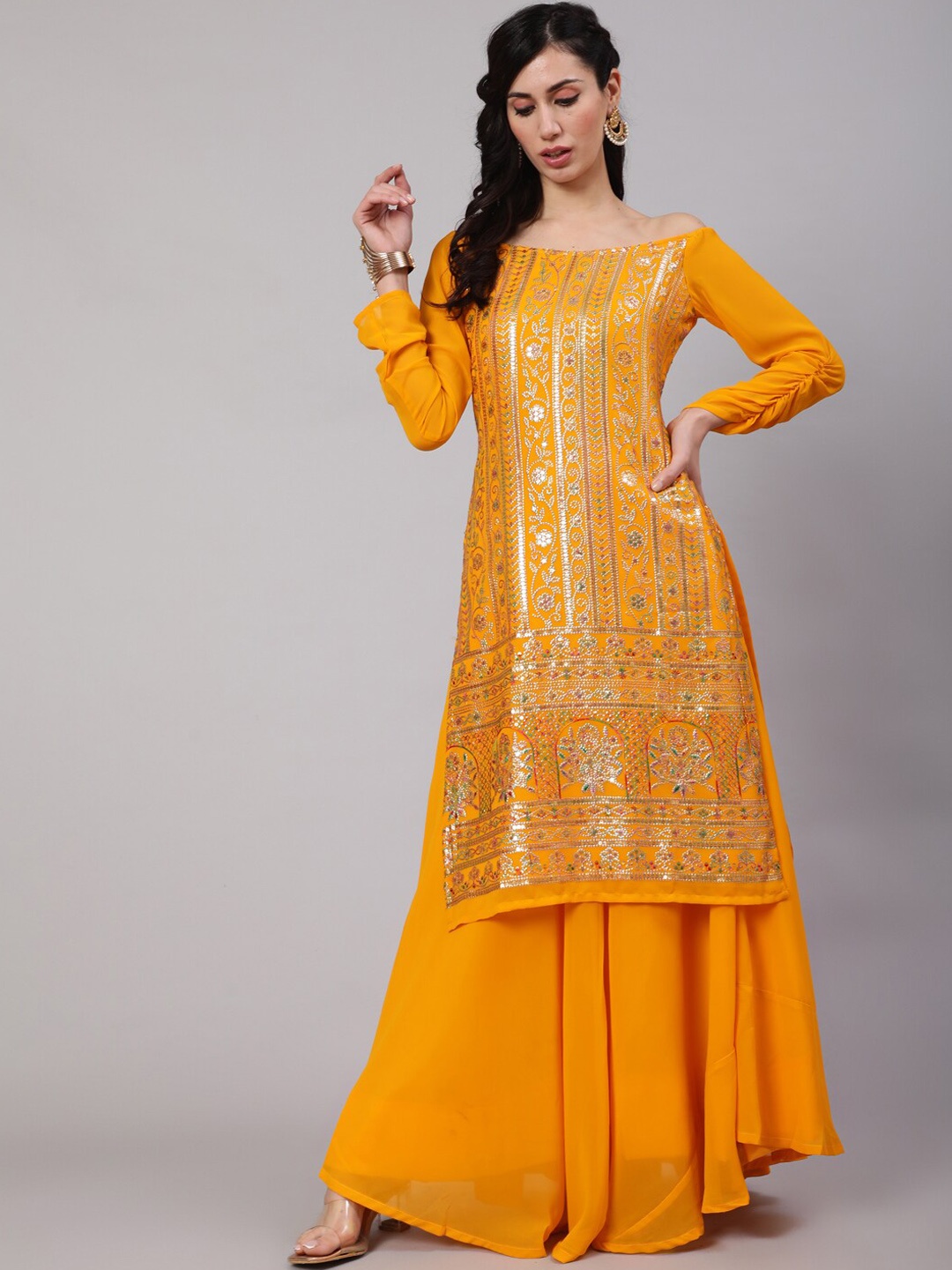 

AKS Ethnic Motifs Embroidered Zari Detailed Off-Shoulder Kurta with Skirt, Yellow