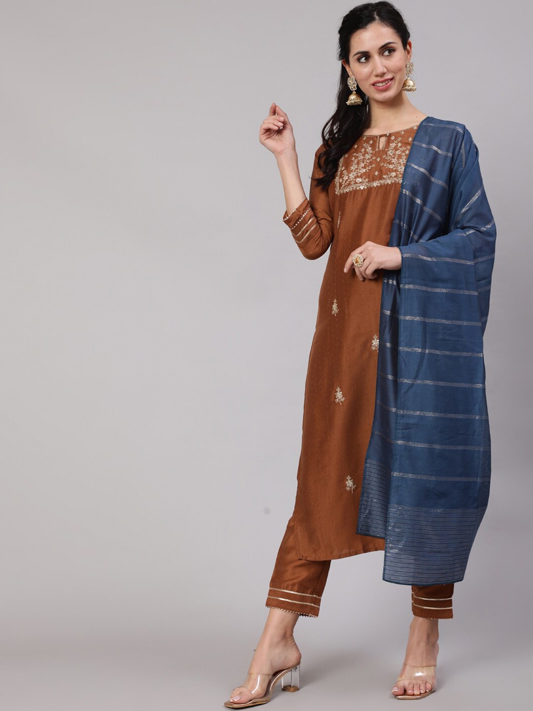 

AKS Ethnic Motifs Embroidered Gotta Patti Detailed Kurta with Trousers & With Dupatta, Brown