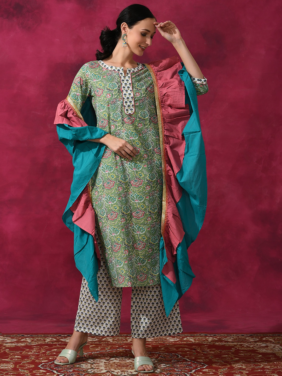 

AKS Floral Printed Ruffled Pure Cotton Kurta & Palazzos With Dupatta, Green