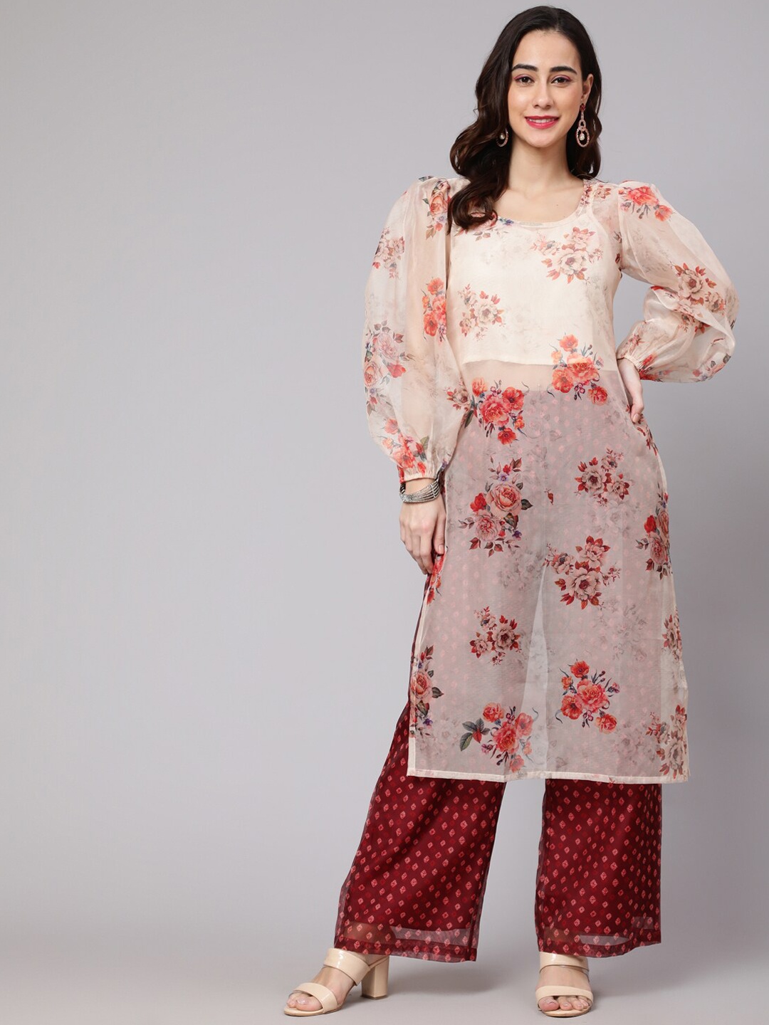 

AKS Floral Printed Puff Sleeves Orgnaza Kurta with Palazzos, Cream