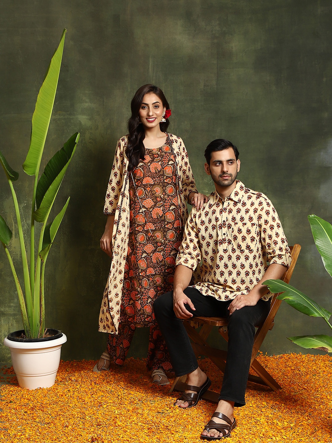 

AKS Floral Printed Pure Cotton A-Line Kurta With Palazzos, Brown