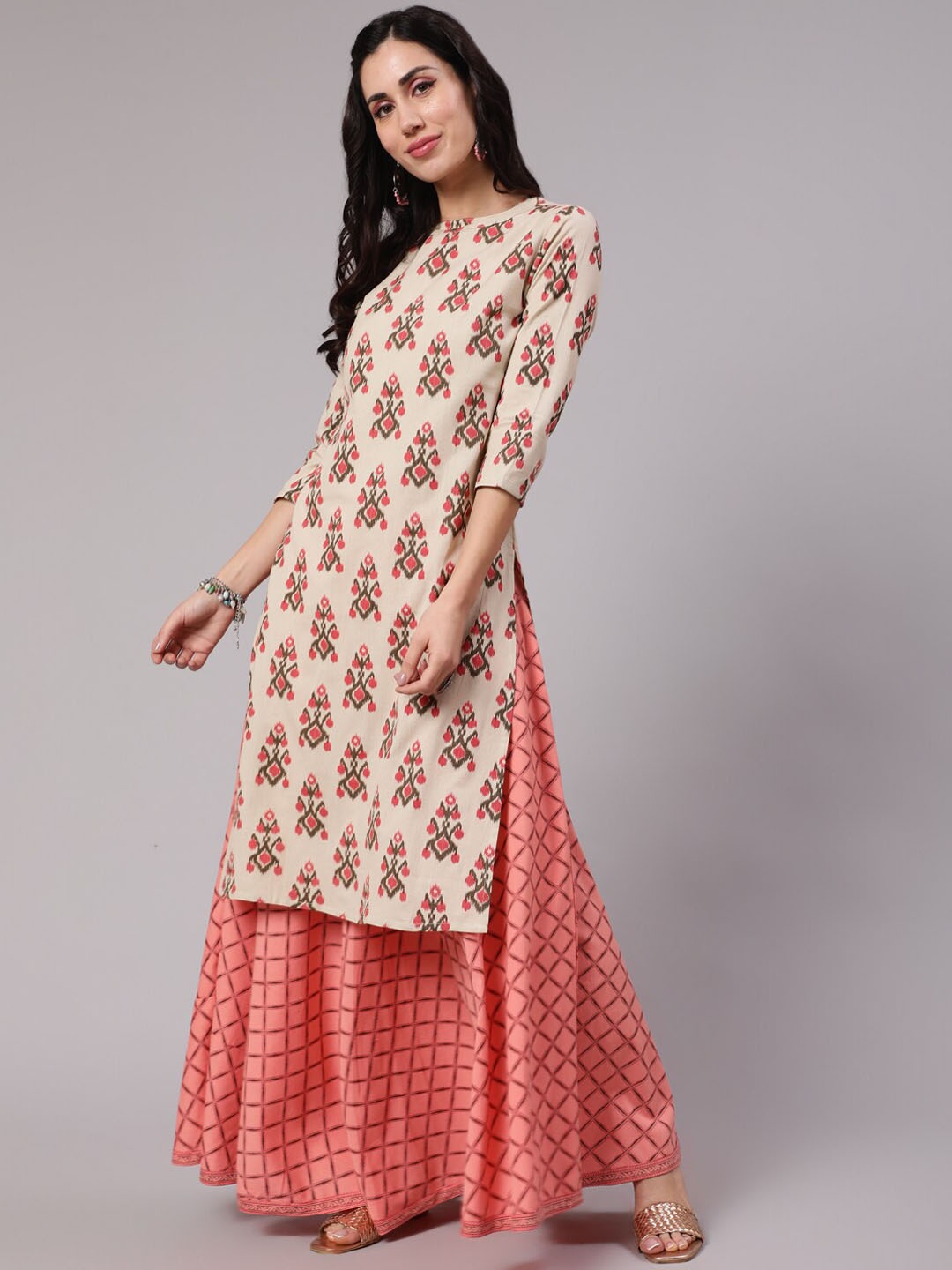 

AKS Ethnic Motifs Printed Pure Cotton Kurta With Skirt, Cream