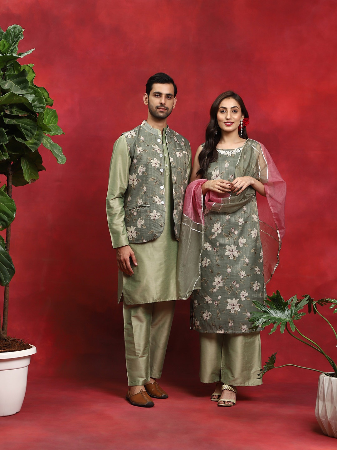 

AKS Floral Printed Mirror Work Straight Chanderi Silk Kurta With Palazzos & Dupatta, Green