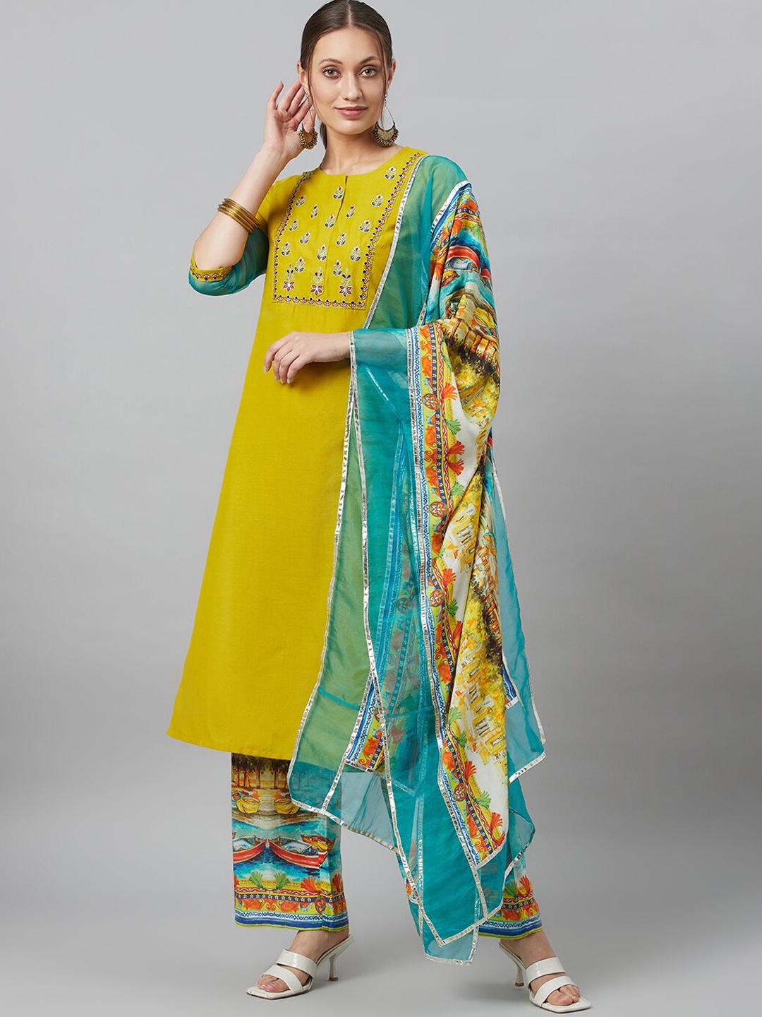 

AKS Floral Yoke Design Gotta Patti Straight Kurta With Palazzos & Dupatta, Mustard