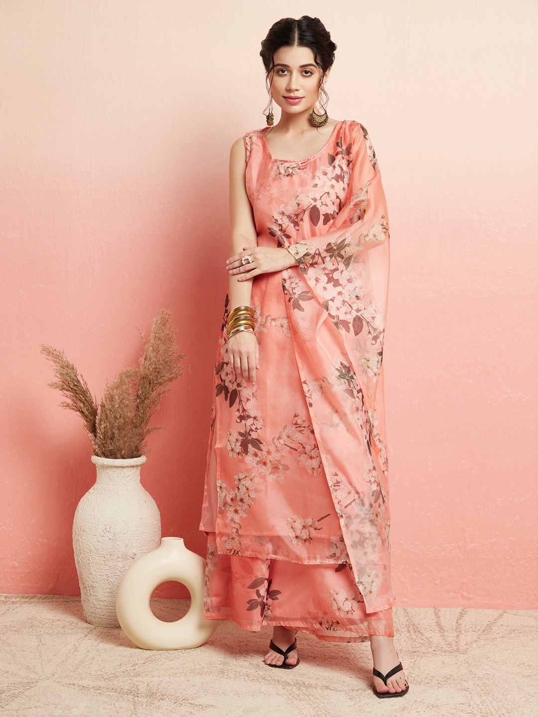 

AKS Floral Printed Organza Straight Kurta With Palazzos, Peach