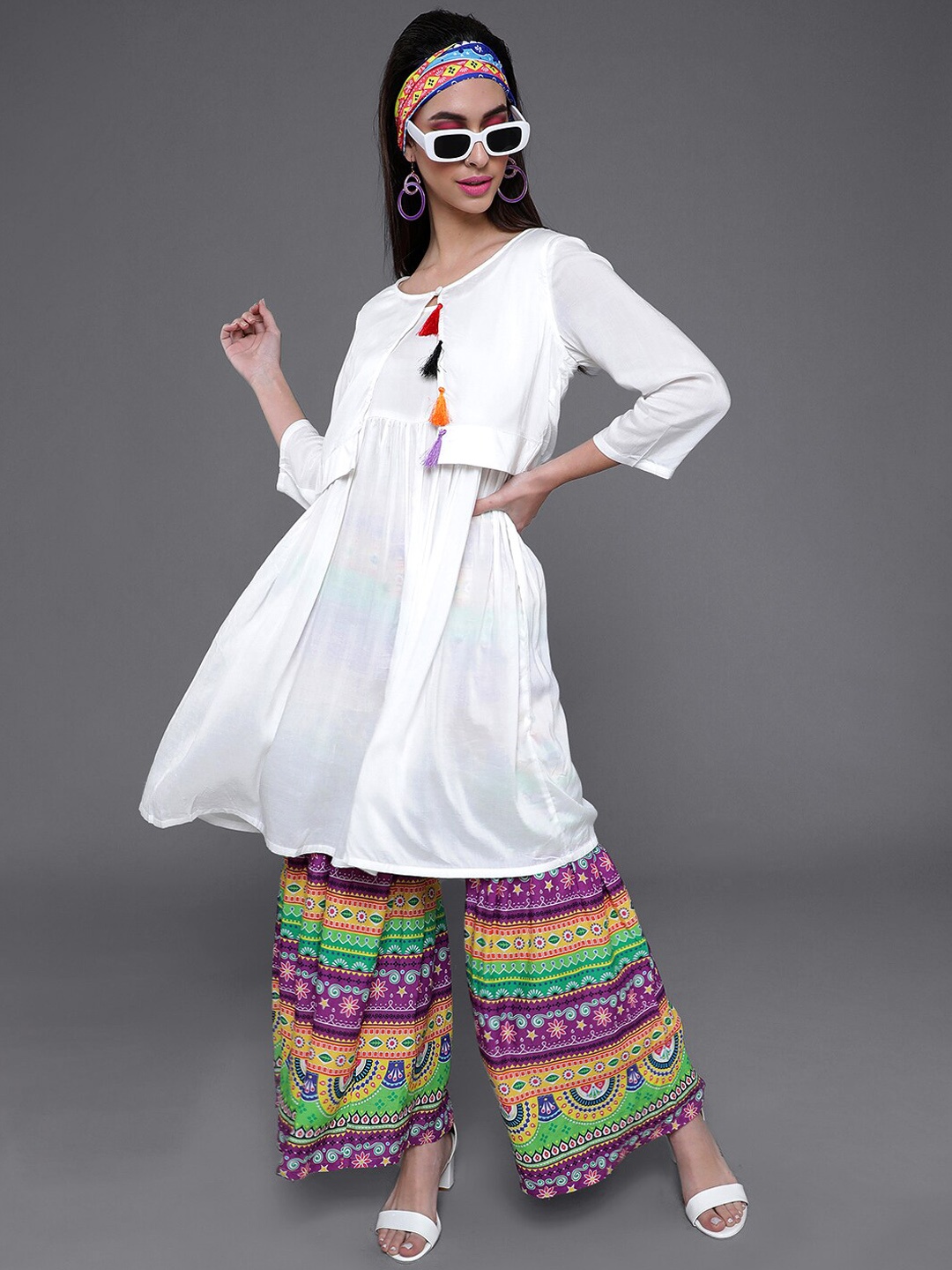 

AKS Round Neck Empire Kurta With Sharara, White
