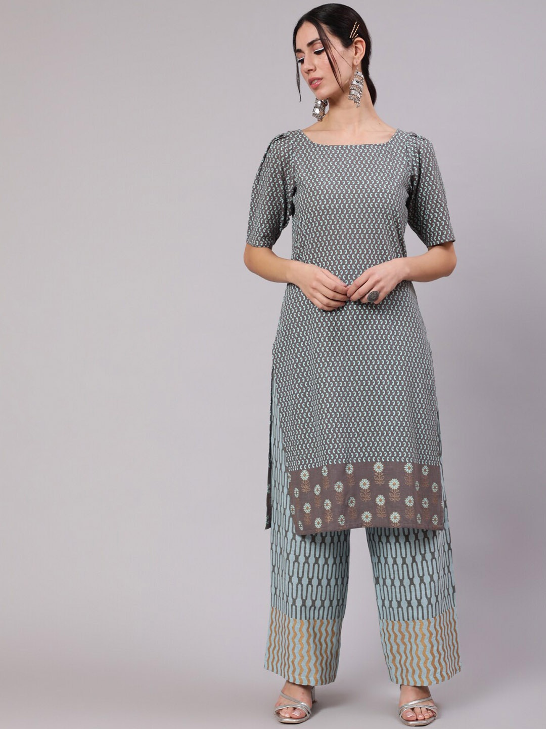 

AKS Paisley Printed Straight Kurta With Palazzos, Grey