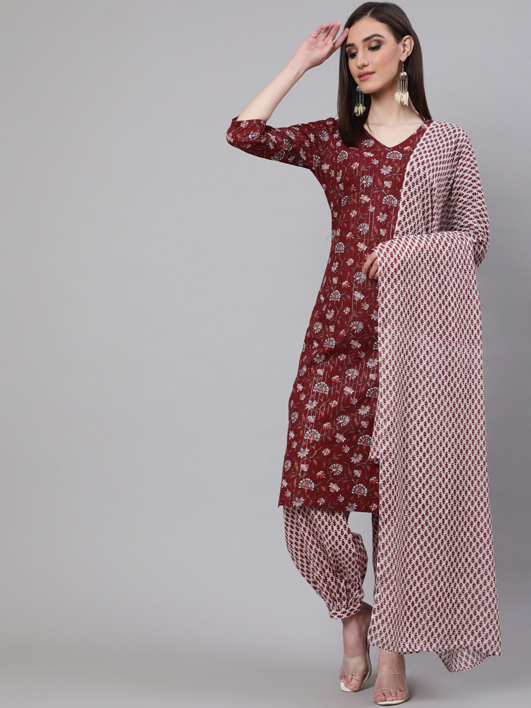 

AKS Floral Printed V-Neck Pure Cotton Kurta With Salwar & Dupatta, Maroon