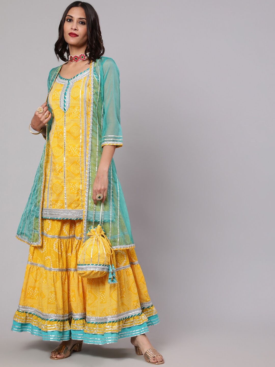 

AKS Bandhani Printed Gotta Patti Pure Cotton A-Line Kurta With Sharara, Yellow