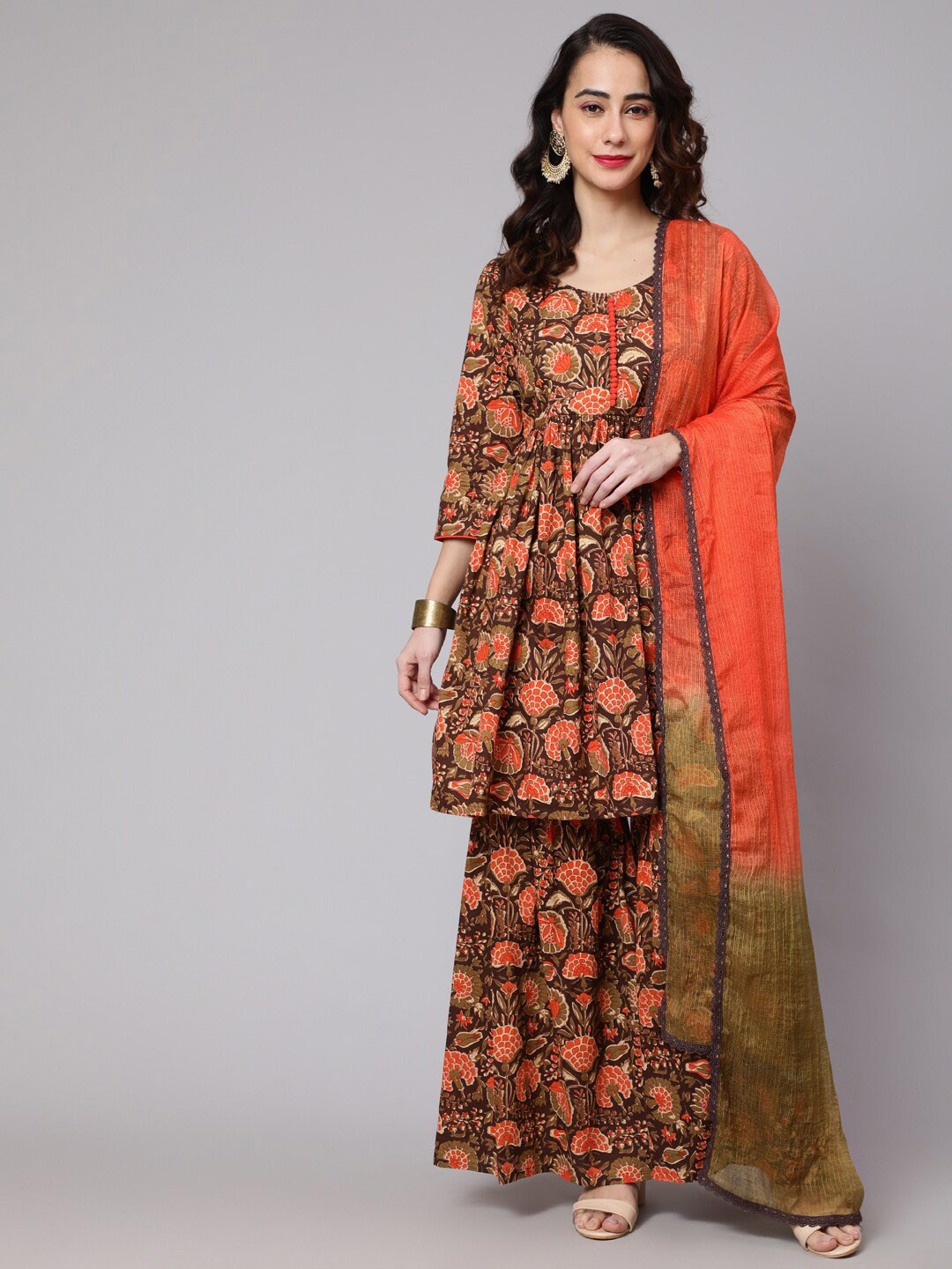 

AKS Floral Printed Empire Pure Cotton Kurta With Sharara & Dupatta, Brown