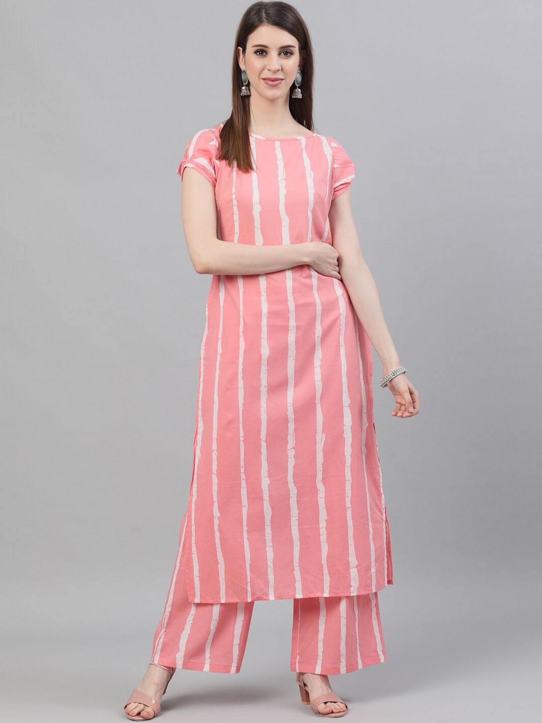 

AKS Striped Pure Cotton Straight Kurta With Palazzos, Pink