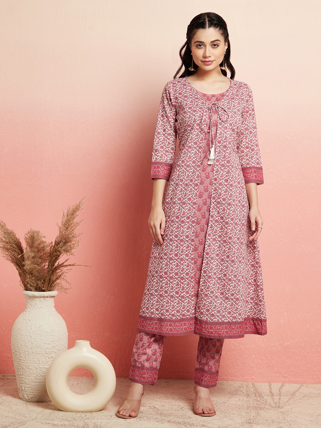 

AKS Floral Printed Pure Cotton A-Line Kurta with Trousers, White