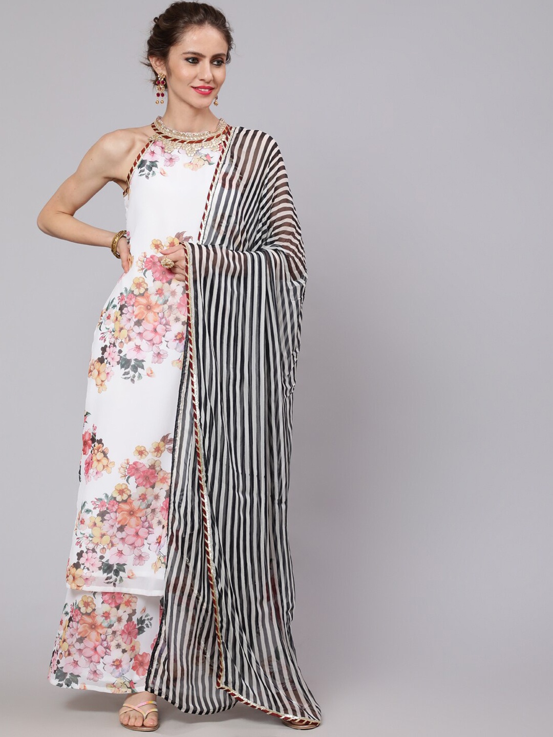 

AKS Floral Printed Halter Neck Straight Kurta & Palazzos with Dupatta, White