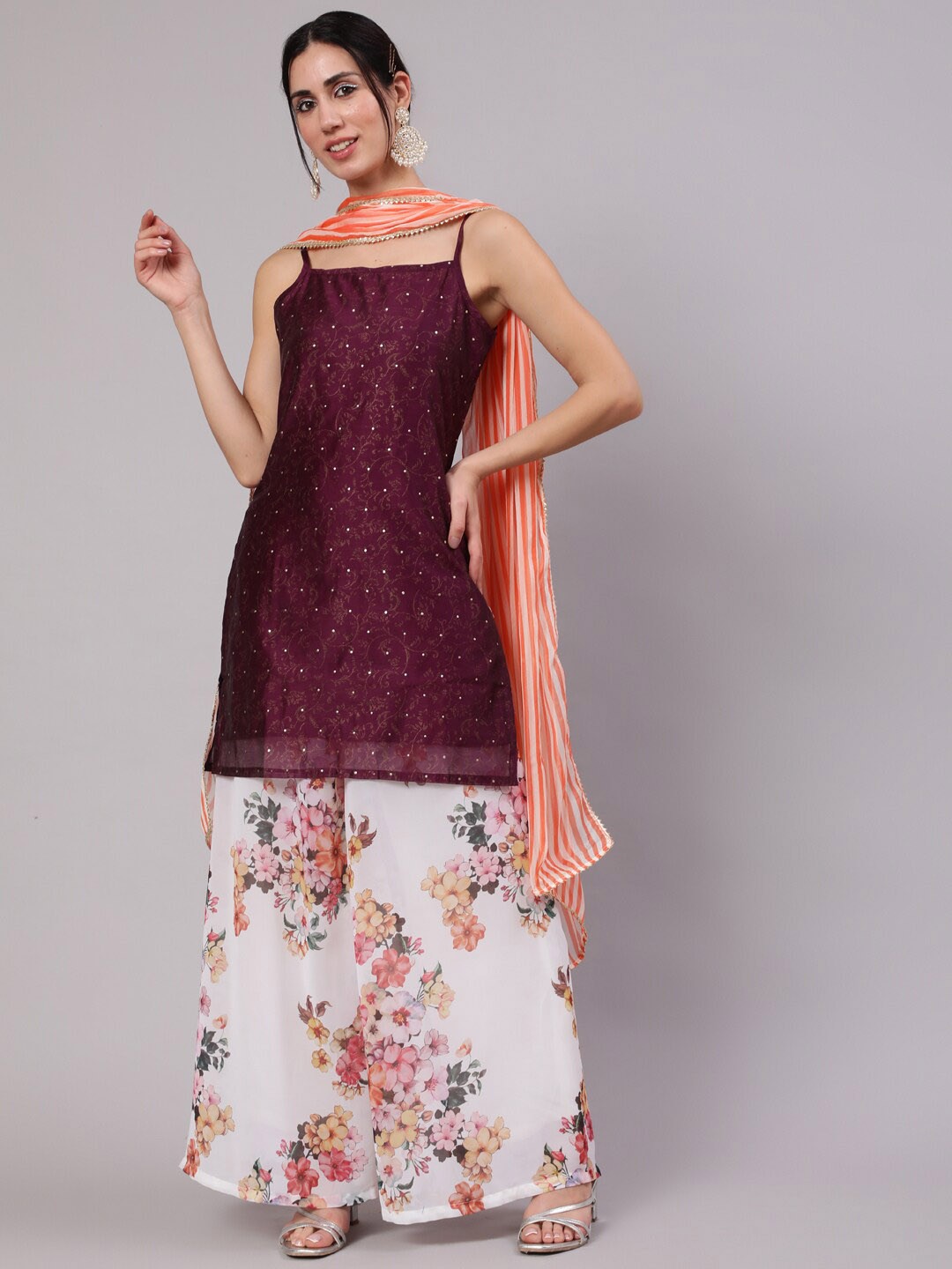 

AKS Floral Woven Design Chanderi Silk Straight Kurta & Palazzos with Dupatta, Purple