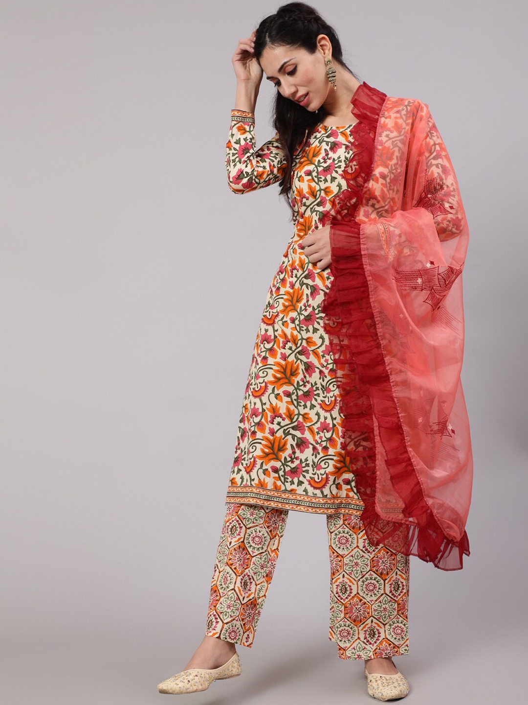 

AKS Floral Printed Pure Cotton Straight Kurta & Trousers with Dupatta, Cream