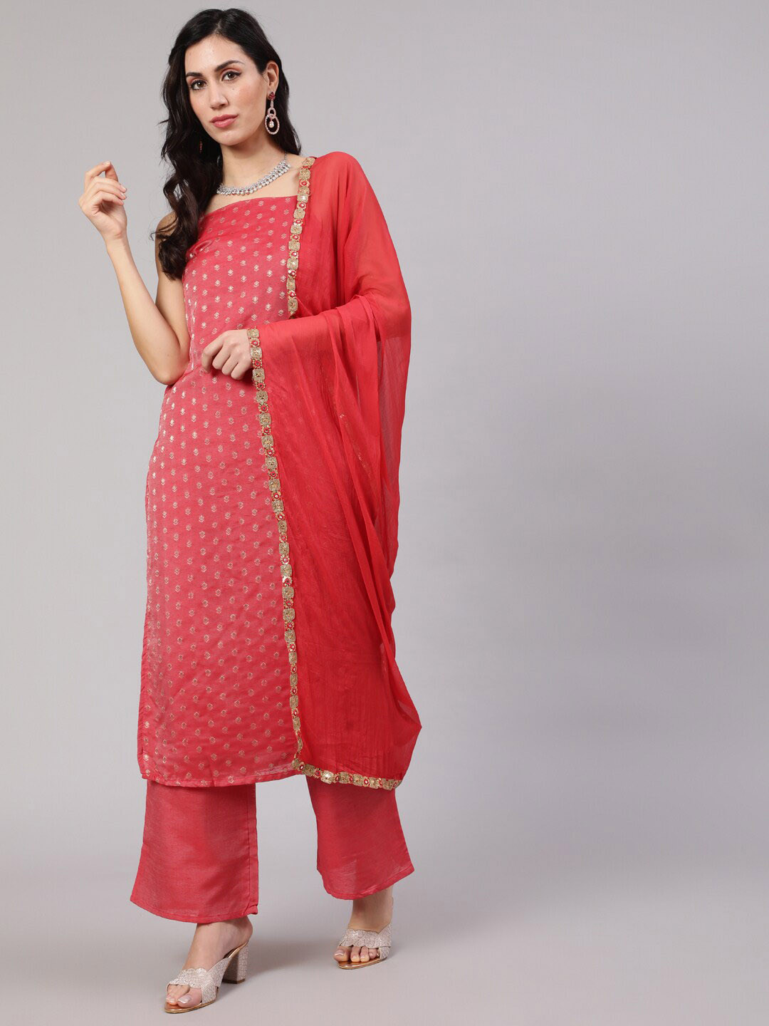 

AKS Ethnic motifs Shoulder Straps Kurta & Palazzos With Dupatta, Red