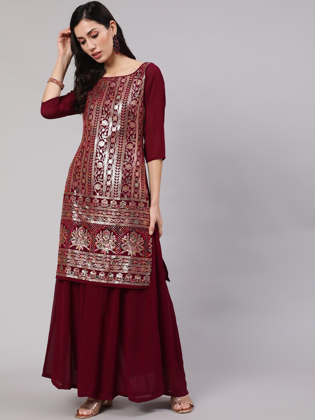 

AKS Floral Embroidered Sequinned Kurta With Palazzos, Burgundy