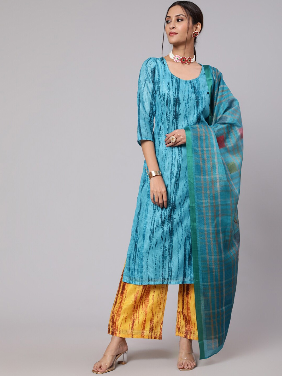 

AKS Abstract Printed Round Neck Kurta & Palazzos With Dupatta, Blue