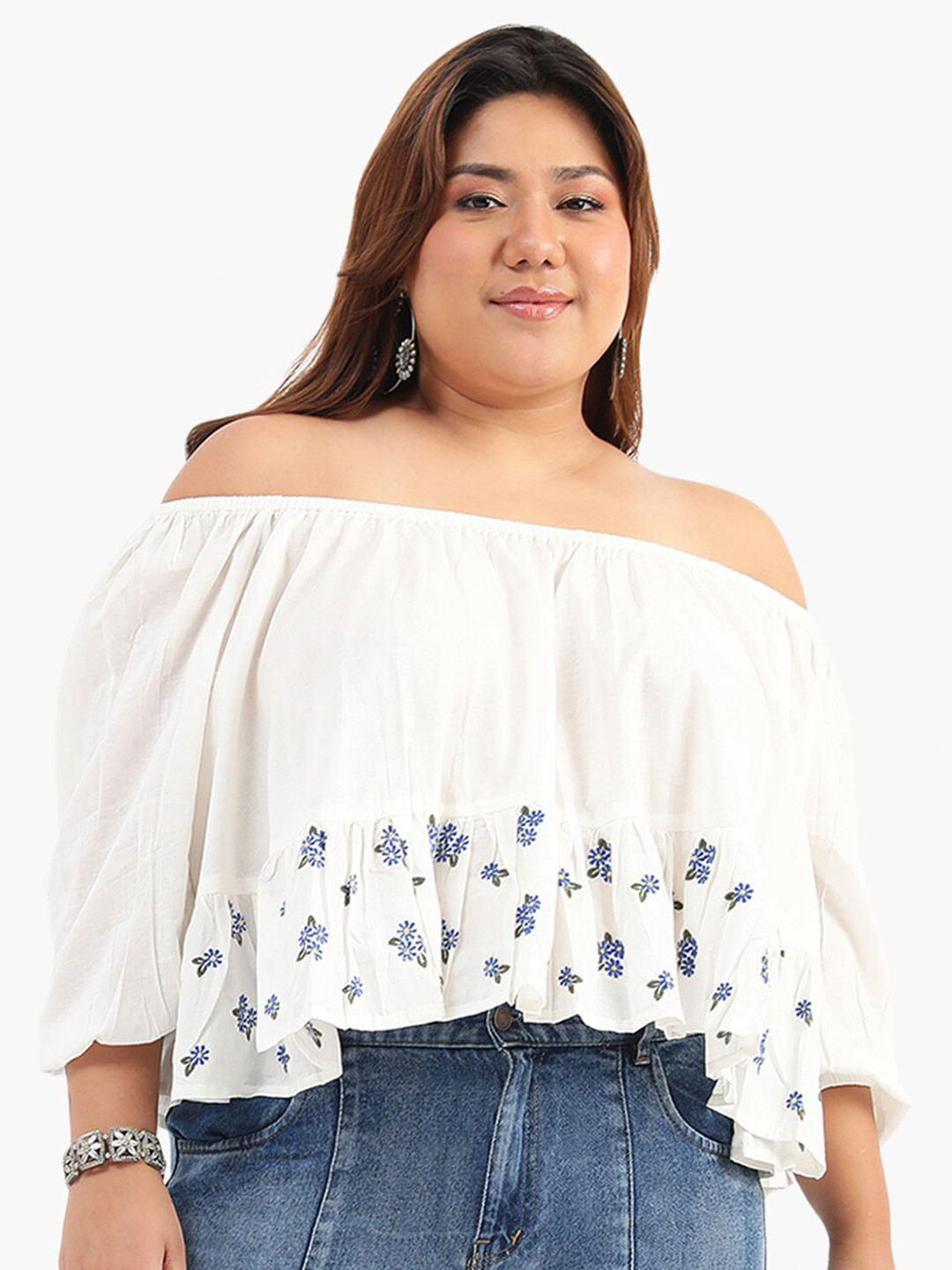 

Virgio Floral Embroidered Off-Shoulder Bardot Top, White
