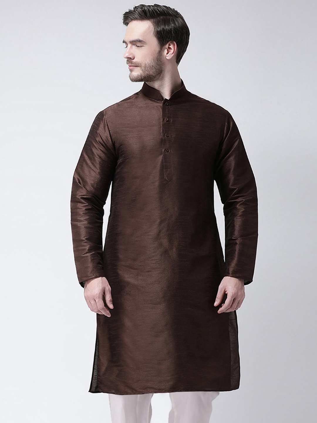 

SG LEMAN Mandarin Collar Silk Straight Kurta, Brown