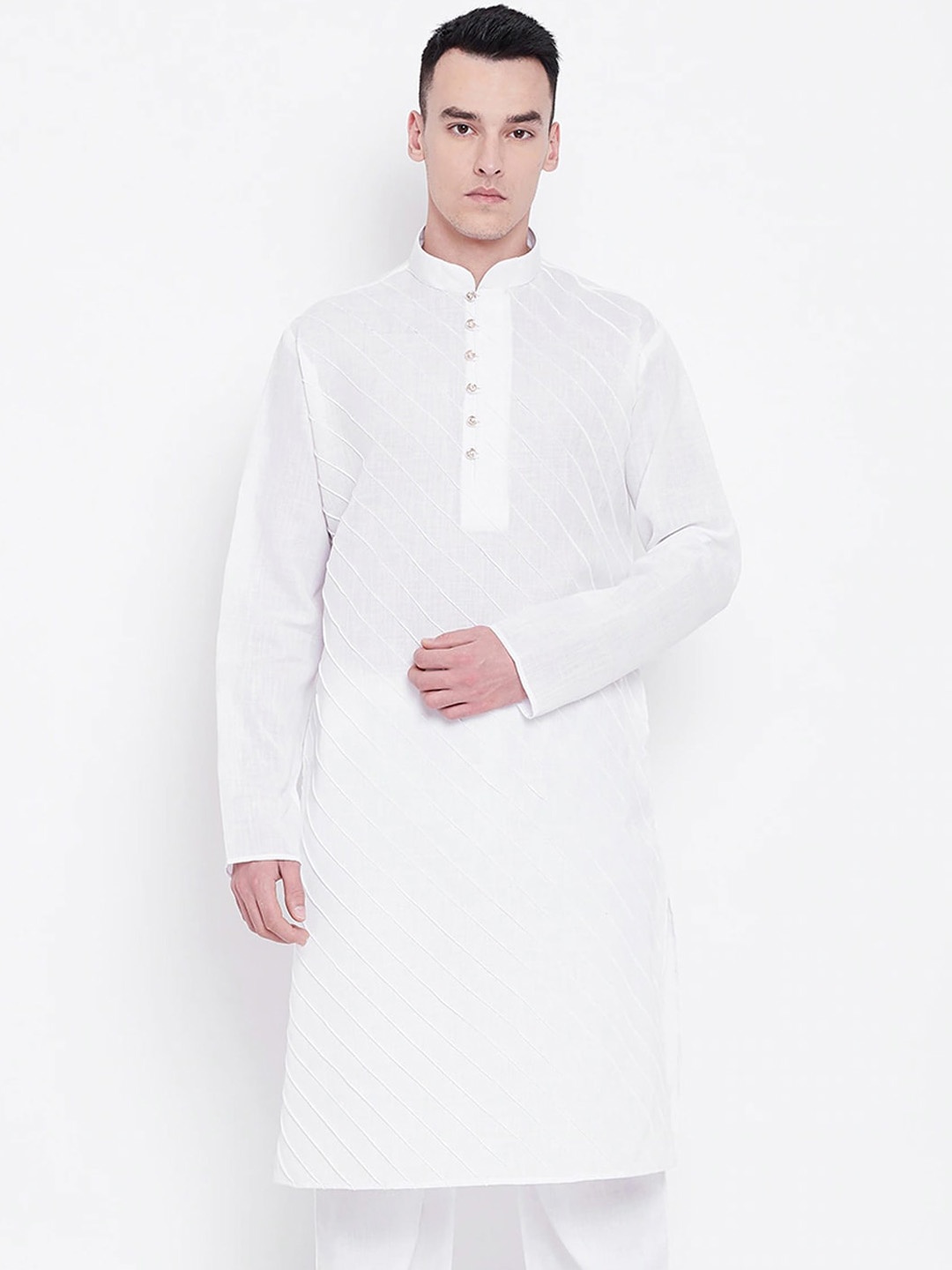 

SG LEMAN Mandarin Collar Pintucks Kurta, White