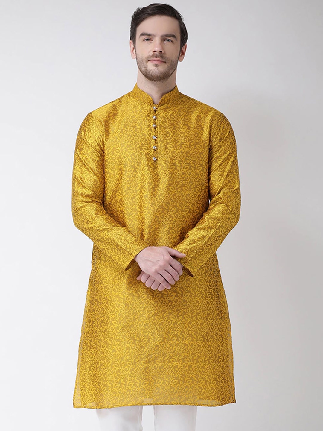 

SG LEMAN Floral Woven Design Mandarin Collar Jacquard Kurta, Yellow