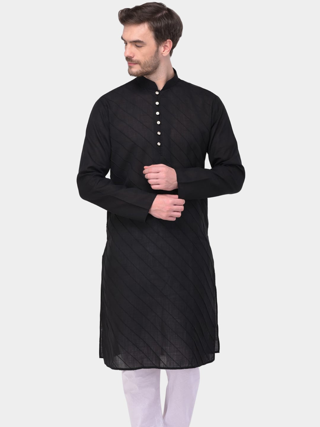 

SG LEMAN Mandarin Collar Pintucks Kurta, Black