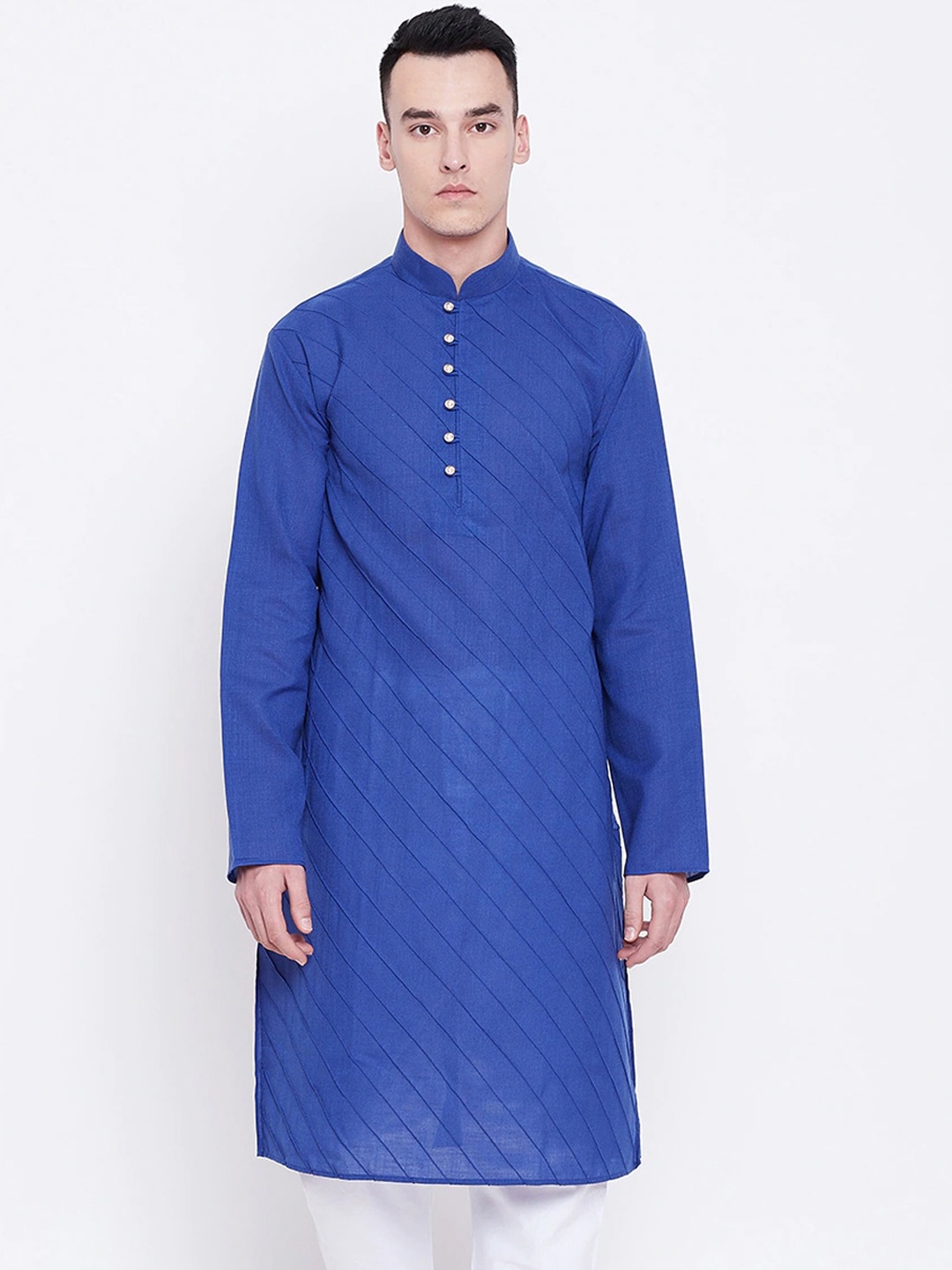 

SG LEMAN Mandarin Collar Pintucks Kurta, Blue