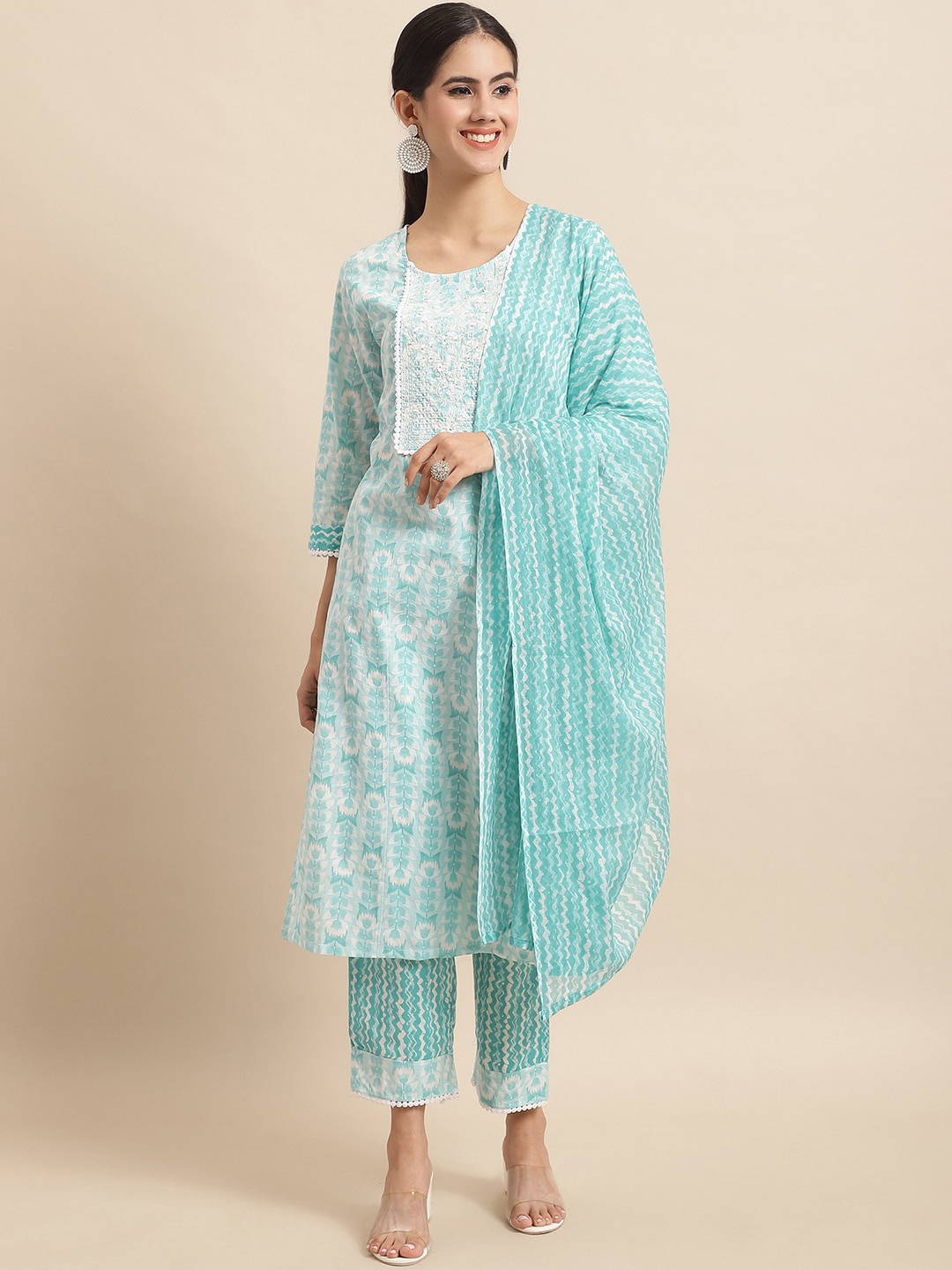 

Sangria Floral Embroidered Sequinned Straight Kurta With Trosuers & Dupatta, Blue