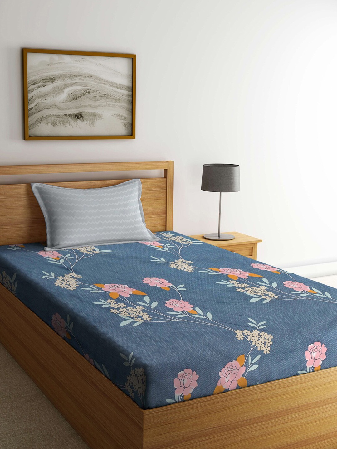 

KLOTTHE Grey & Pink Floral Printed 300 TC Single Bedsheet With 1 Pillow Cover