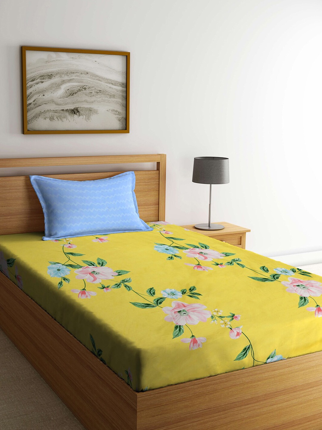 

KLOTTHE Yellow & Blue Floral Printed 300 TC Single Bedsheet With 1 Pillow Cover