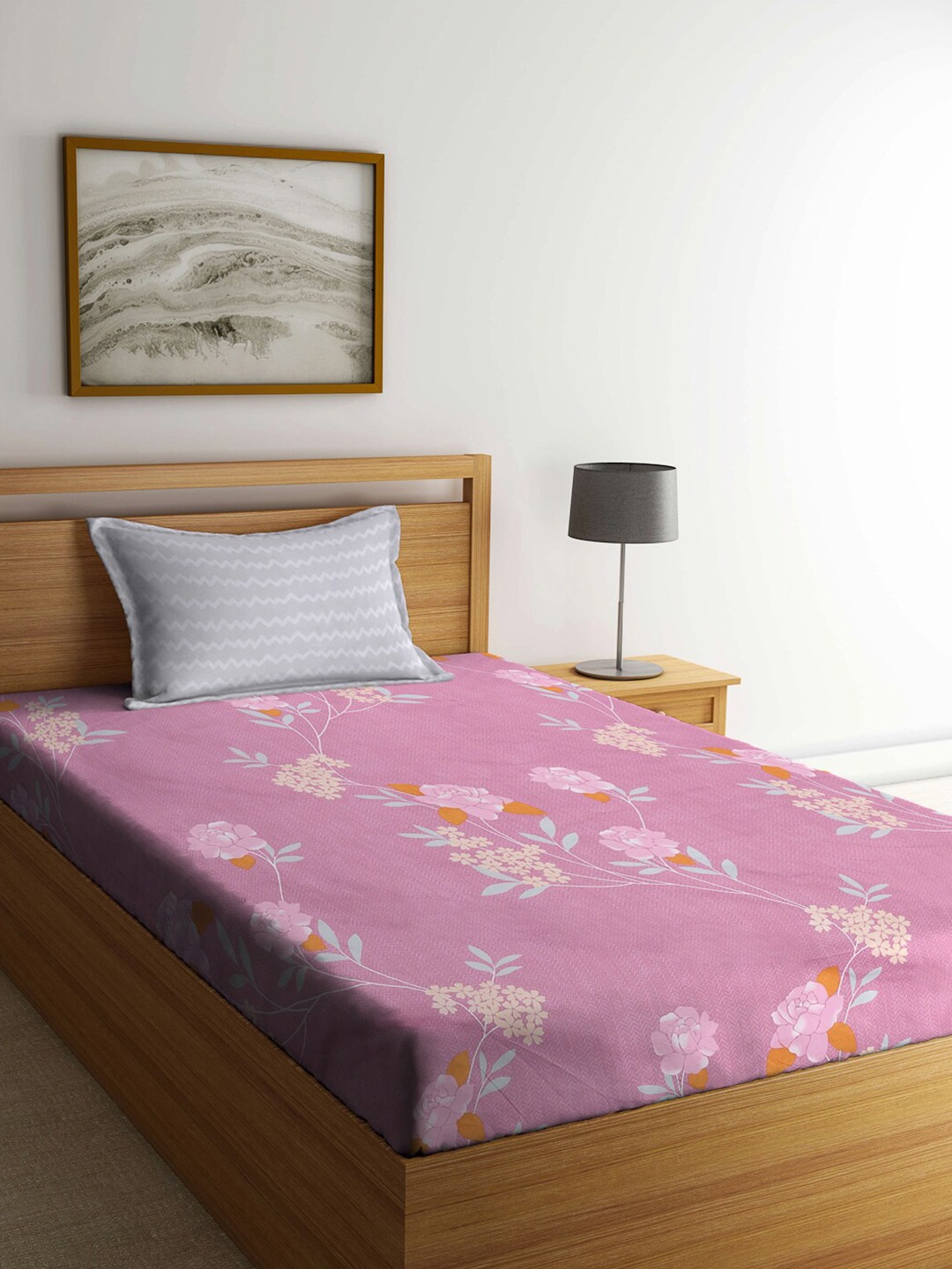 

KLOTTHE Pink & White Floral-Printed 300TC Single Bedsheet With Pillow Cover