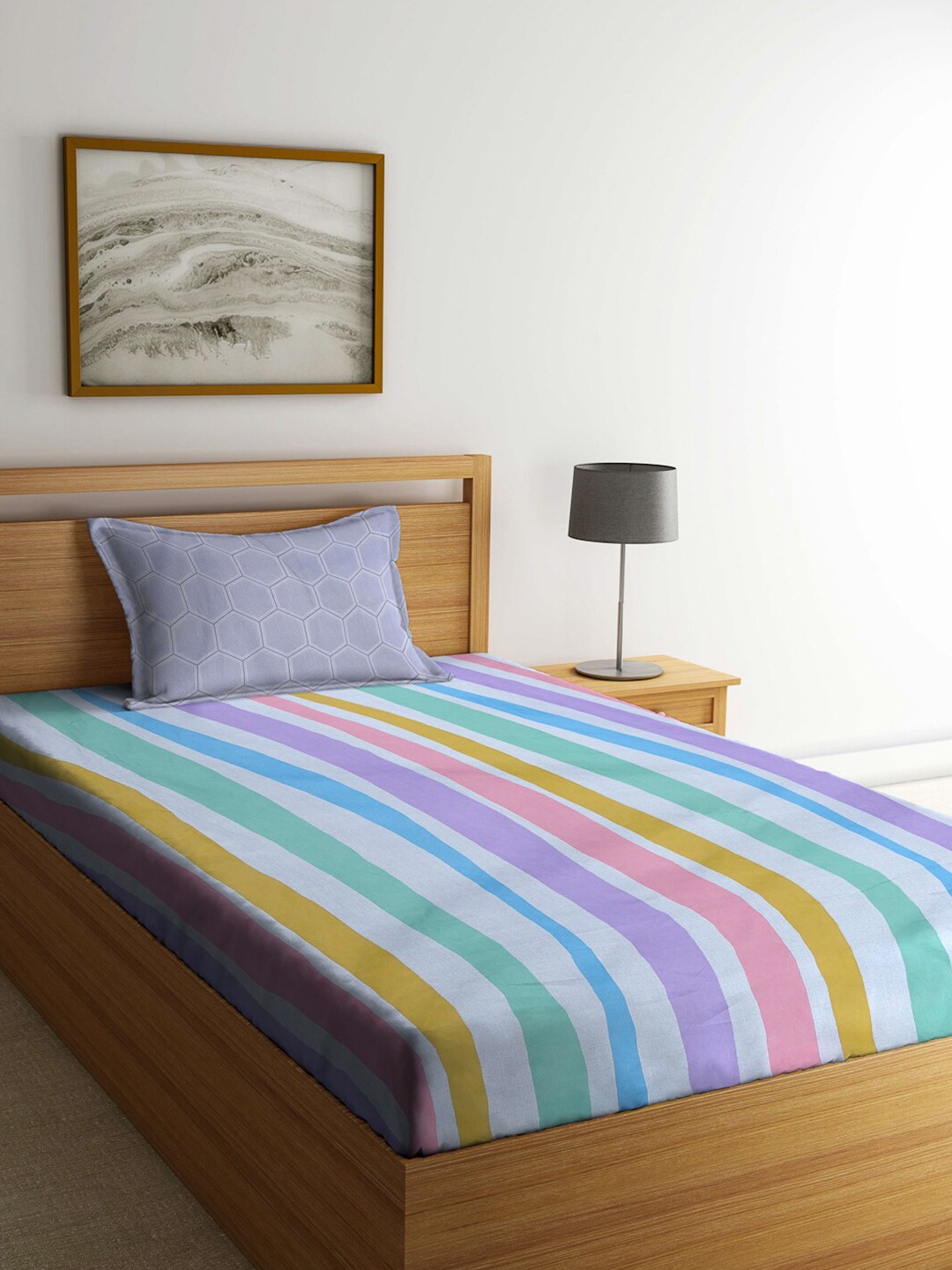 

KLOTTHE Blue & Pink Striped 300TC Single Bedsheet With Pillow Cover