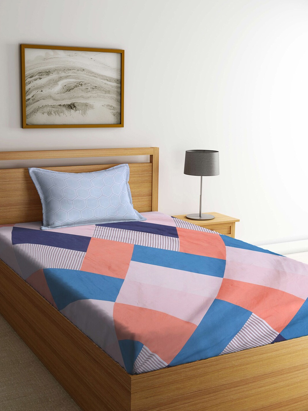 

KLOTTHE Blue & Pink Geometric-Printed 300TC Single Bedsheet With Pillow Cover