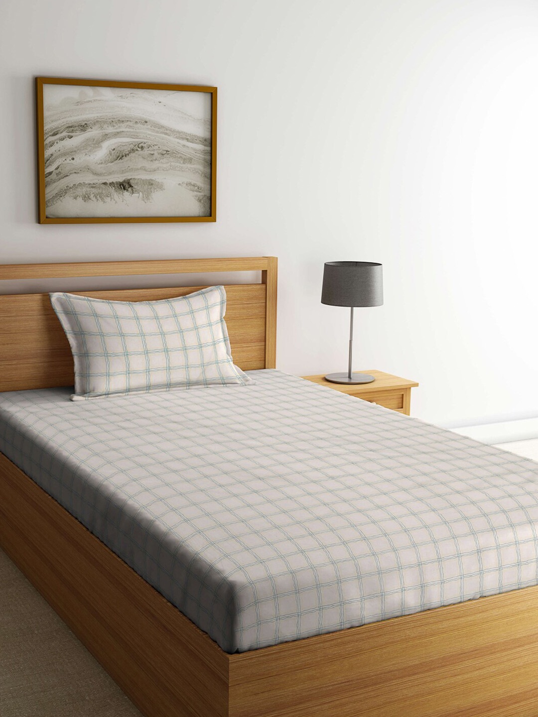 KLOTTHE Grey Geometric-Printed 300TC Single Bedsheet With Pillow Cover
