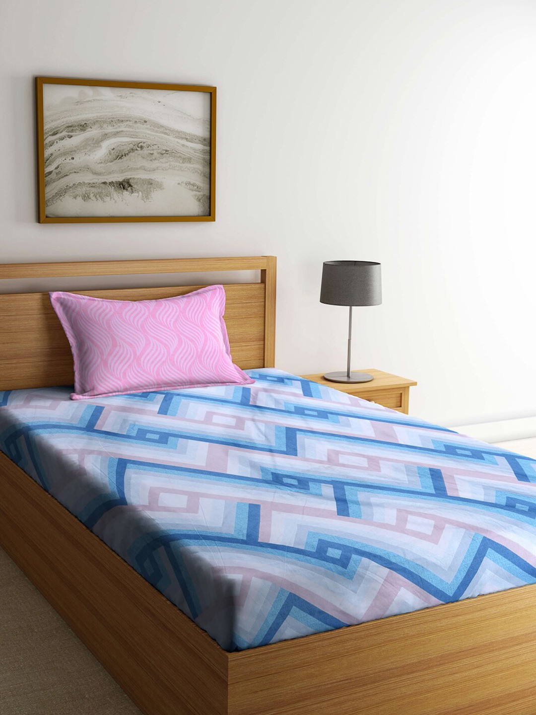 

KLOTTHE Blue & Pink Geometric-Printed 300TC Single Bedsheet With Pillow Cover