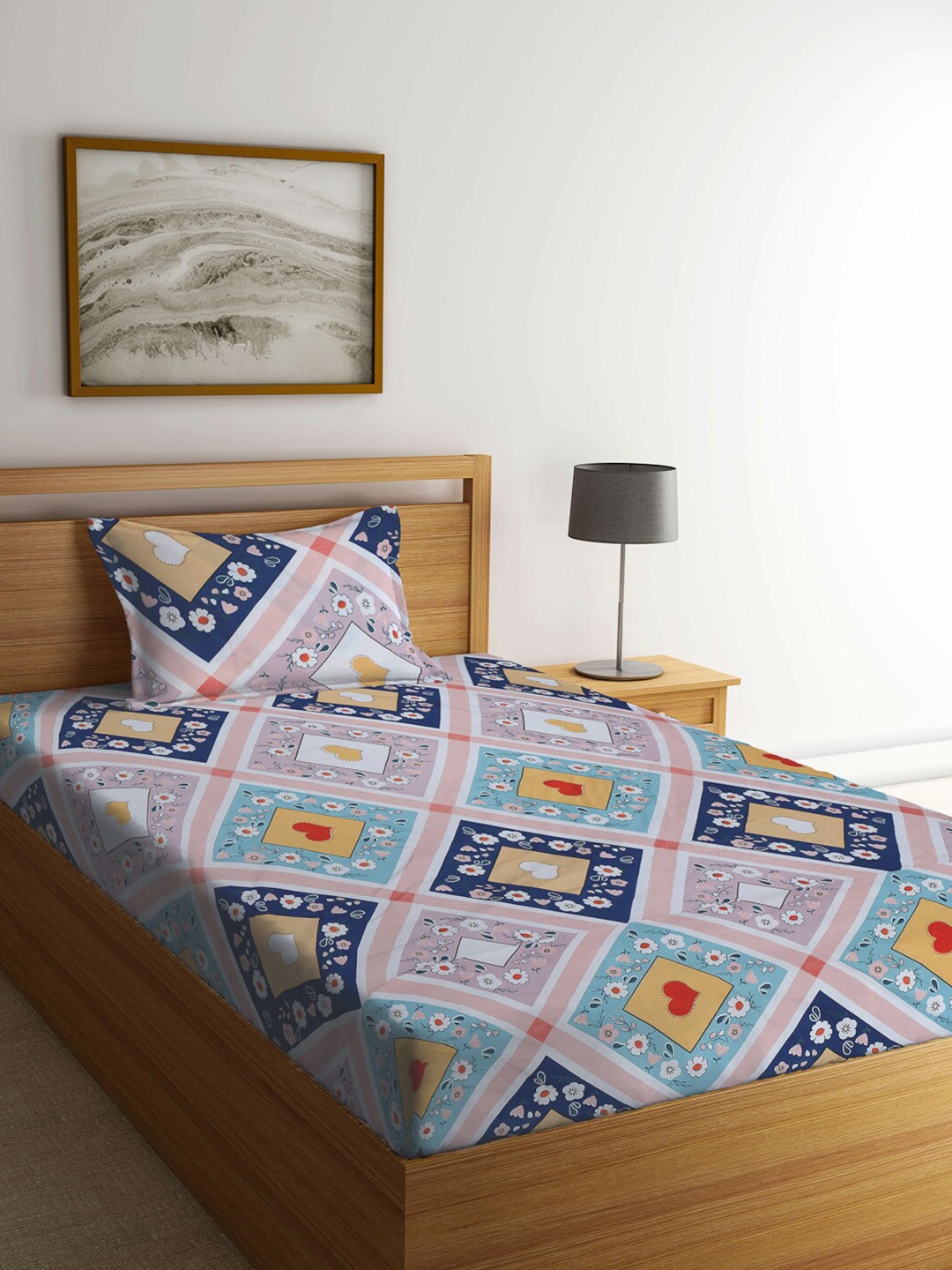 

KLOTTHE Blue & Pink Geometric-Printed 300 TC Single Bedsheet With Pillow Cover