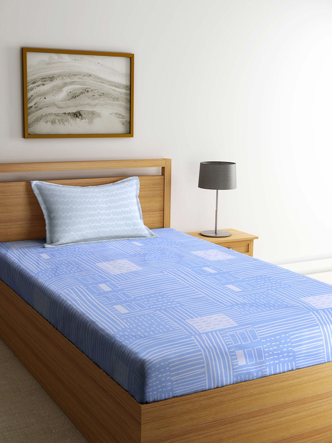 KLOTTHE Blue & White Geometric Printed 300 TC Single Bedsheet With Pillow Cover
