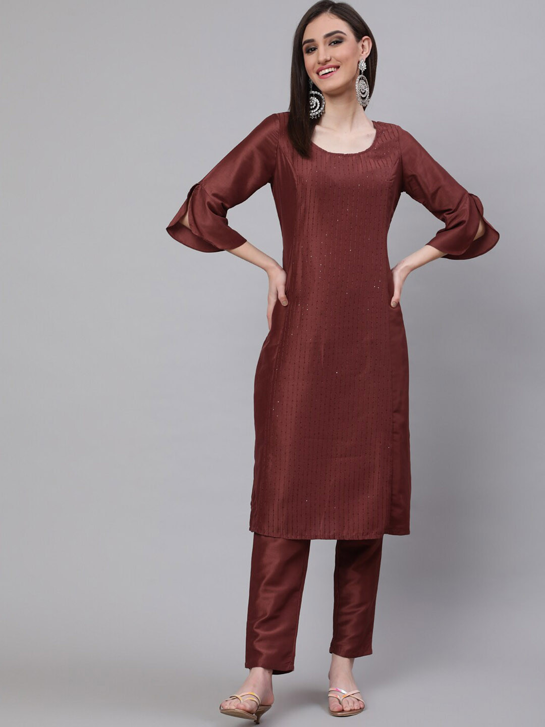 

AKS Couture Striped Sequinned A-Line Kurta with Trousers, Brown