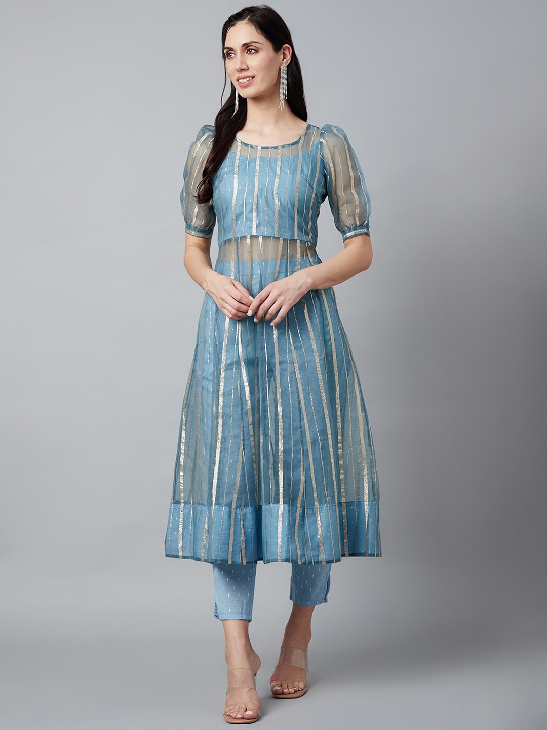 

AKS Couture Striped Puff Sleeves Zari Regular Kurta with Trousers, Blue