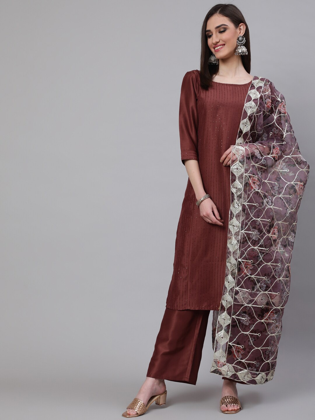 

AKS Couture Striped Embroidered Sequinned Kurta With Palazzos & Dupatta, Brown